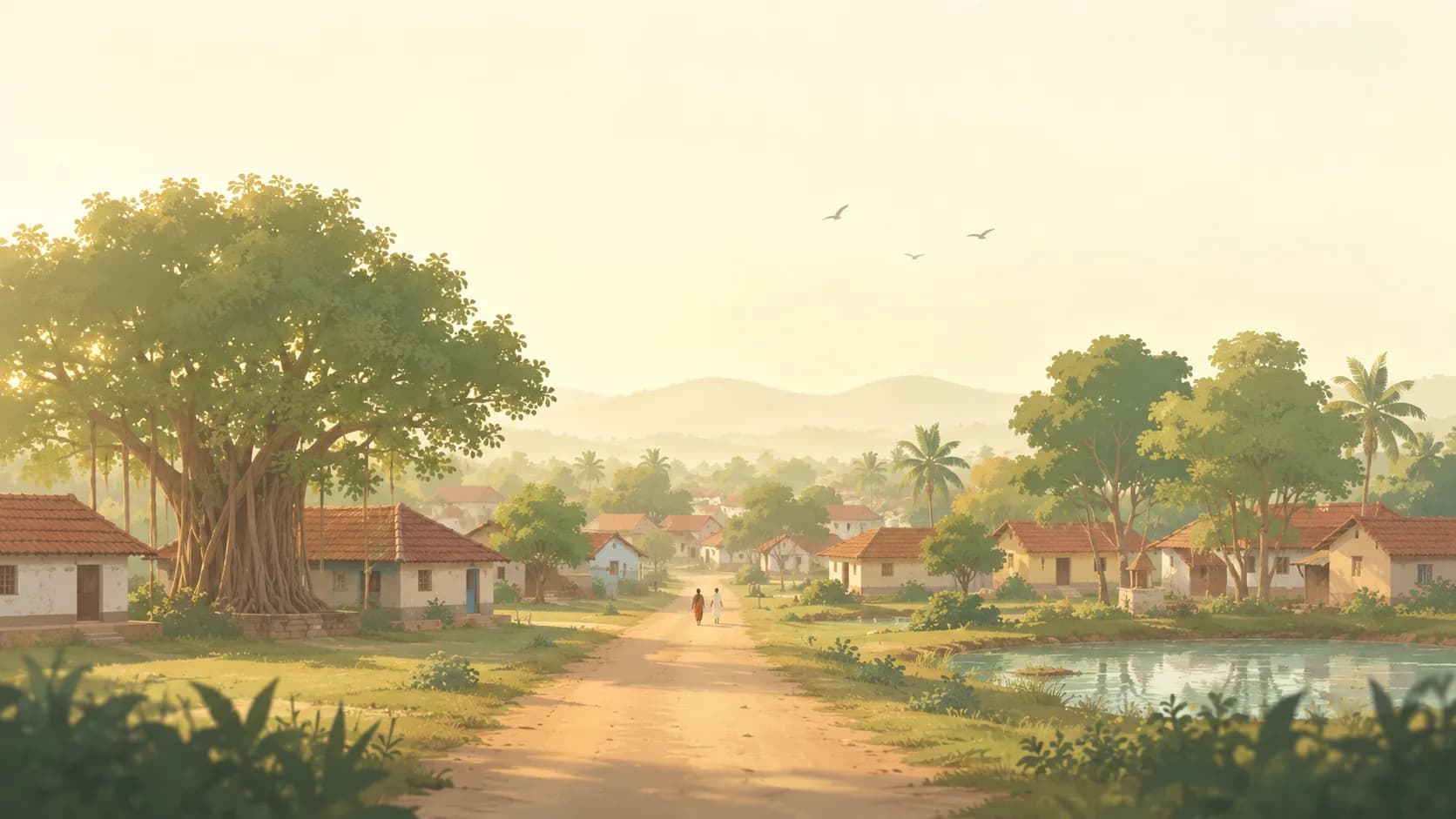 A great old banyan beside village houses at first light.